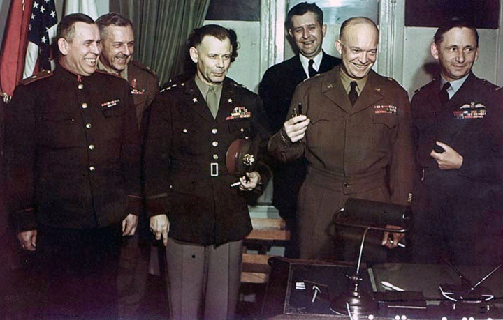 Eisenhower with Allied commanders following the signing of the German Instrument of Surrender at Reims