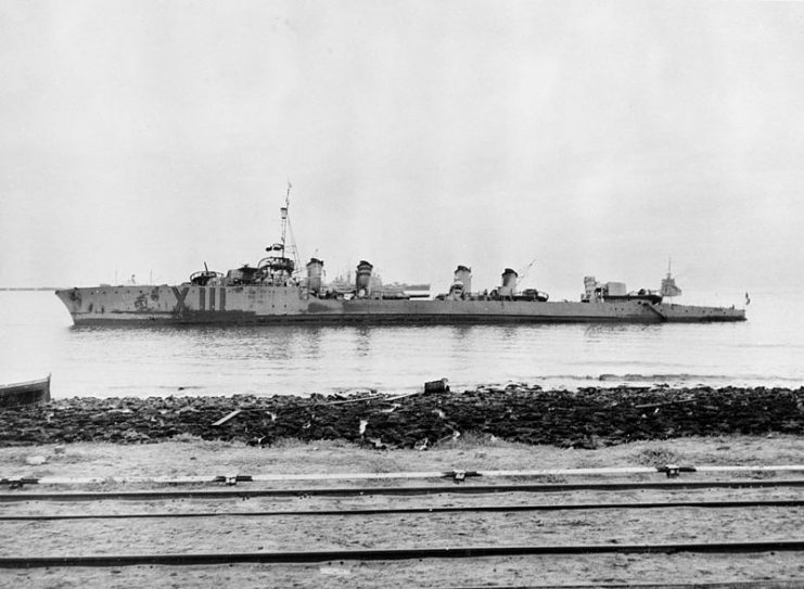 The French destroyer, Milan, beached off Casablanca, Morocco, on December 4, 1942.