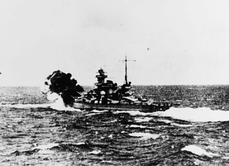 German battleship Scharnhorst firing her forward 283mm guns, during the engagement with the British aircraft carrier Glorious and her escorts, 8 June 1940.