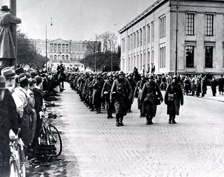 German soldiers marching through Oslo on the first day of the invasion