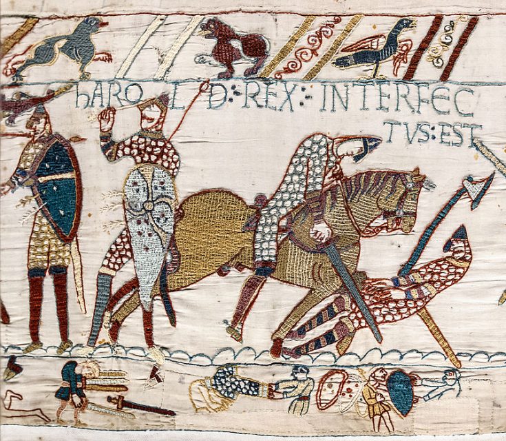 Harold Rex Interfectus Est- “King Harold was killed”. Scene from the Bayeux Tapestry depicting the Battle of Hastings and the death of Harold.