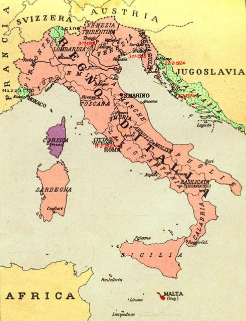 Italia Irredenta: regions considered Italian for ethnic, geographic or historical reasons, and claimed by the Fascists in the 1930s: green: Nice, Ticino, and Dalmatia; red: Malta; violet: later claims extended to Corsica, Savoy and Corfu.