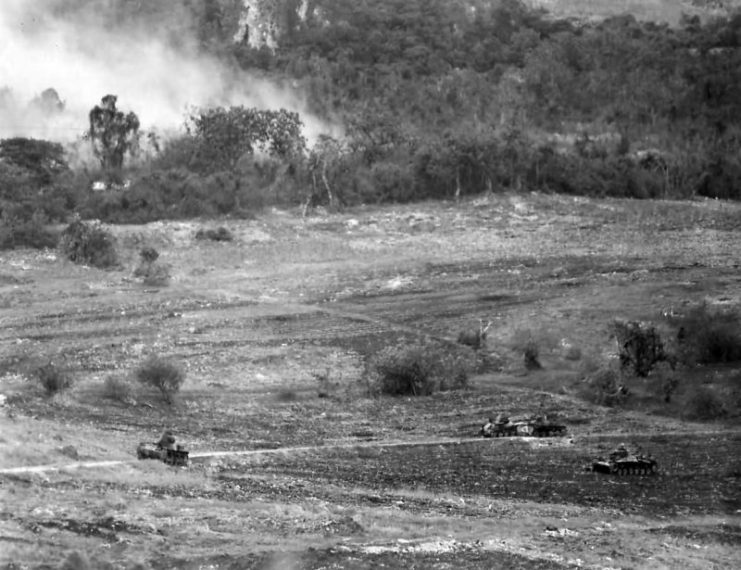 Japanese Tanks Try to Break US Lines at Hell’s Pocket. Saipan, 1944.