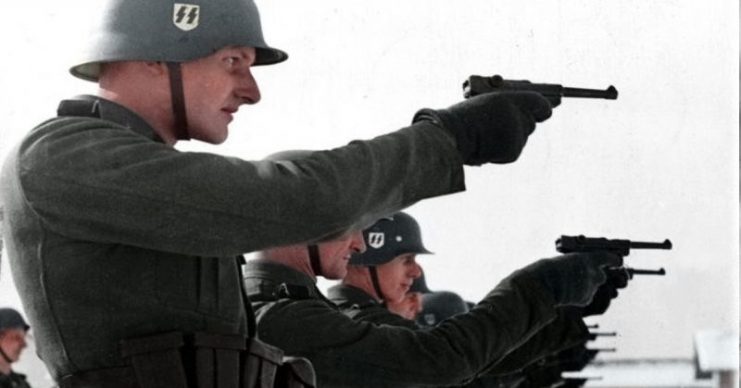 Waffen SS privates firing Luger pistols. Photo: Cassowary Colorizations / CC BY 2.0