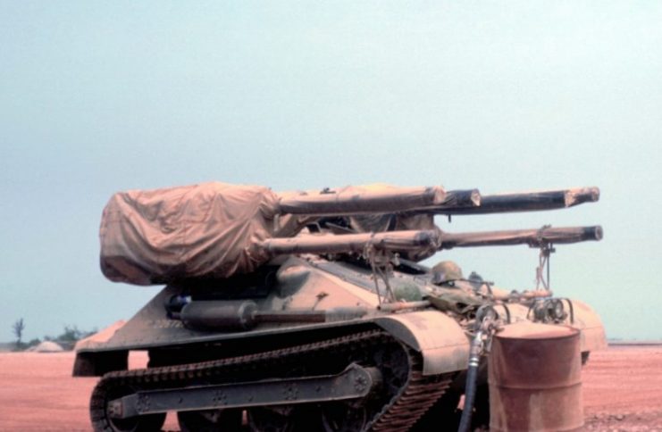A U.S. Marine Corps M50 “Ontos” tracked vehicle with six 106 mm recoiless rifles.