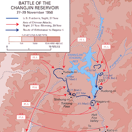 Map of the Battle of the Changjin (Chosin) Reservoir.