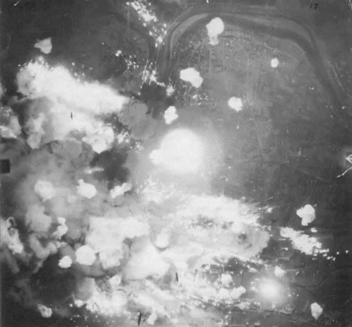 An RAF night bombing photograph taken using the ‘master/slave’ camera technique.