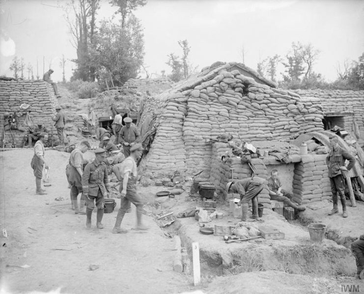 Sandbag shelters in an old support line in front of Kemmel, June 10, 1917.