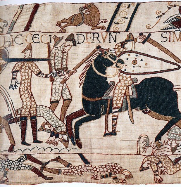 Scene from the Bayeux Tapestry showing mounted Norman cavalrymen fighting Anglo-Saxon infantry