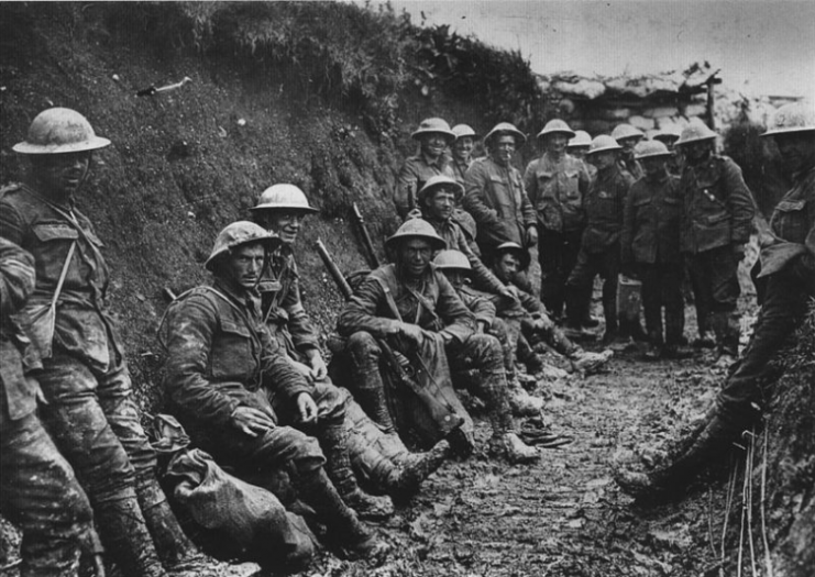 A ration party of the Royal Irish Rifles in a communication trench during the Battle of the Somme. The date is believed to be 1 July 1916, the first day on the Somme, and the unit is possibly the 1st Battalion, Royal Irish Rifles (25th Brigade, 8th Division).