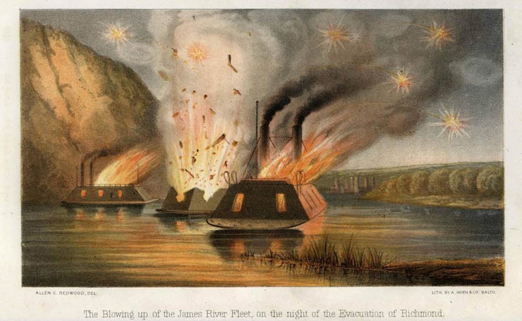 “The Blowing up of the James River Fleet, on the night of the Evacuation of Richmond.” Painting by Allen Christian Redwood showing the sinking of CSS Virginia II, CSS Fredericksburg and CSS Richmond on April 3, 1865 during the American Civil War.