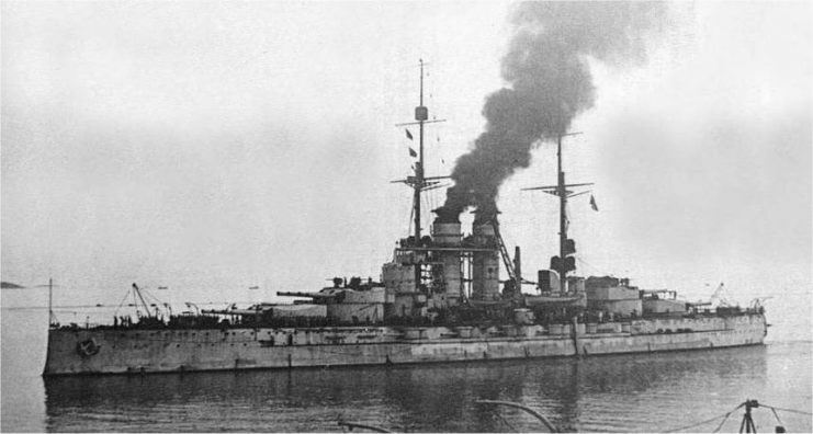SMS Szent Istvan. Sunk 10th June 1918 while attempting to break the Otranto Barrage.