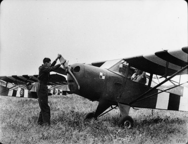Taylorcraft Auster Mark IVs of No. 652 (AOP) Squadron RAF, assembled at Bolt Head, near Salcombe, Devon, before flying across the English Channel to Normandy.