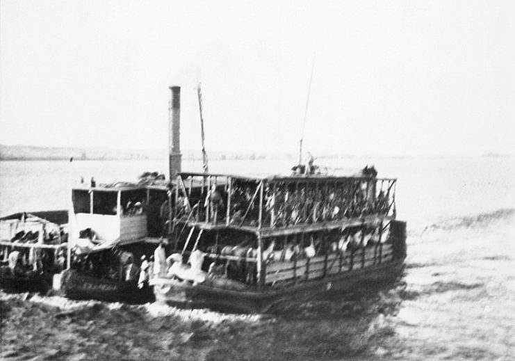 The 21st Lancers aboard a Nile steamer connecting the Egyptian railway at Asyut with the newly built Sudanese system during the 1898 campaign of the Mahdist War.