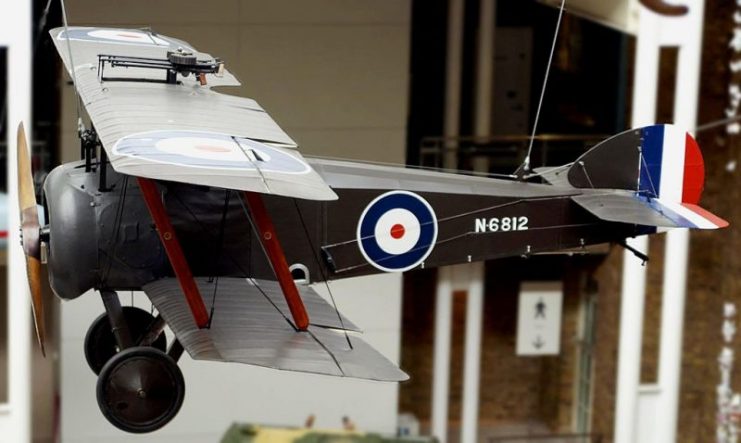 The Sopwith 2F.1 Camel used to shoot down Zeppelin L 53, at the Imperial War Museum, London. Note mounting of twin Lewis guns over the top wing.