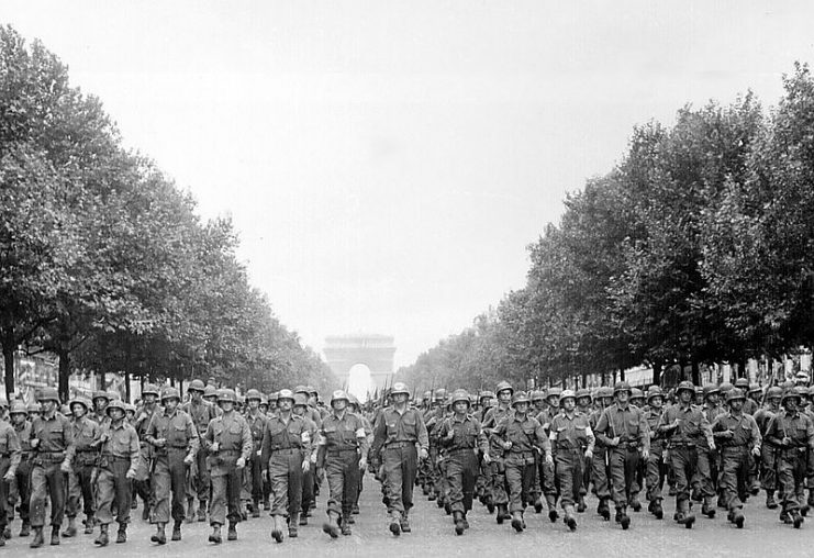 U.S. 28th Infantry Division on the Champs Élysées in the “Victory Day” parade on 29 August 1944.
