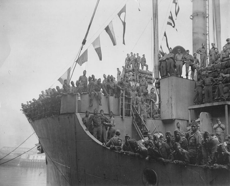 A Victory ship troop transport conversion, arriving in Boston with 1,958 troops from Europe, July 26, 1945.