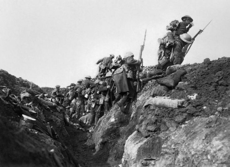 Troops “going over the top” at the start of the Battle of the Somme in 1916.