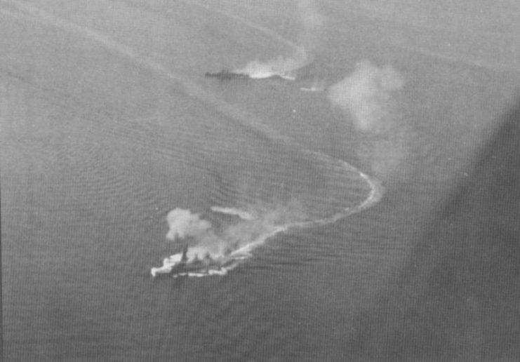 The Fusō under air attack just hours before the Battle of Surigao Strait on Oct. 25, 1944.