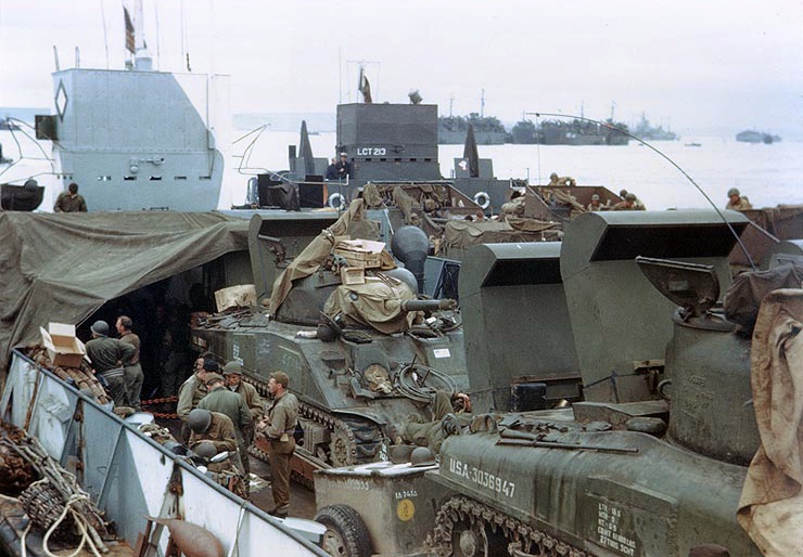 U.S. Army M4 “Sherman” tanks of Company A, 741st Tank Battalion and other equipment loaded in an LCT, ready for the invasion of France, circa late May or early June 1944.