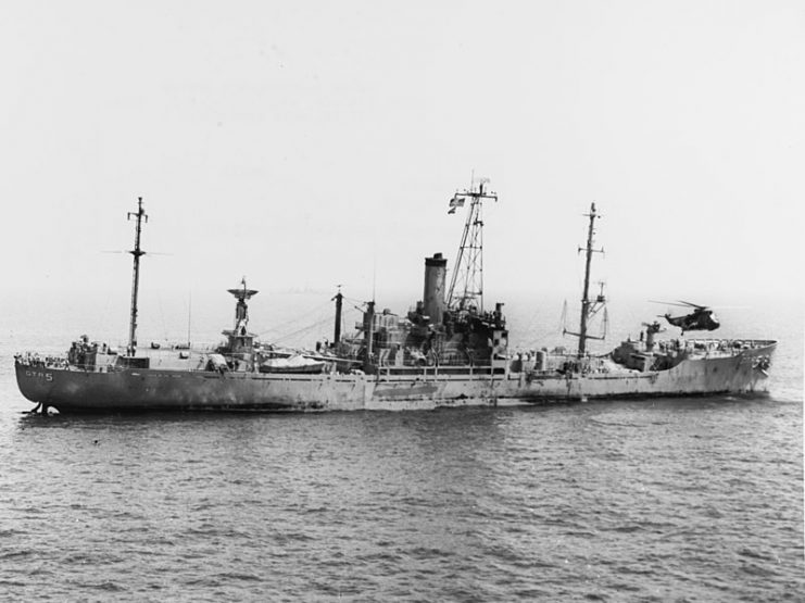 USS Liberty receives assistance from units of the Sixth Fleet, after she was attacked and seriously damaged by Israeli forces off the Sinai Peninsula on 8 June 1967.