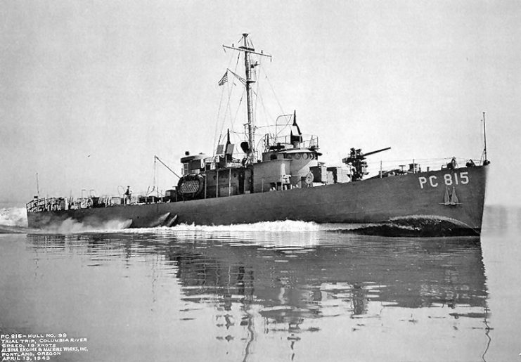USS PC-815 running trials 13 April 1943 on the Columbia River.