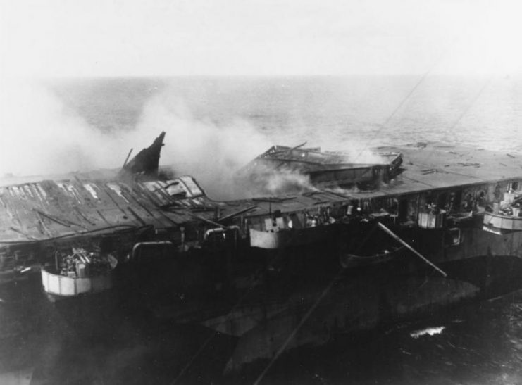 The Princeton’s flight deck after getting struck during the Battle of the Sibuyan Sea on Oct. 24, 1944.