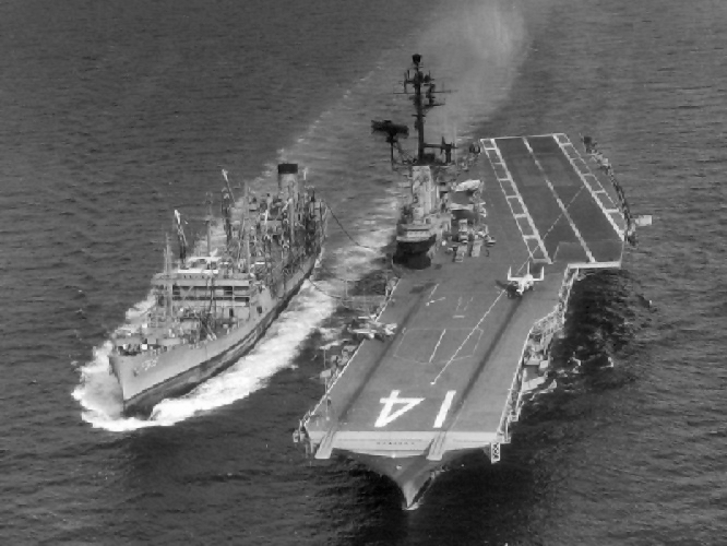Manatee refuels Ticonderoga on 15 July 1965. U.S. Navy photo.