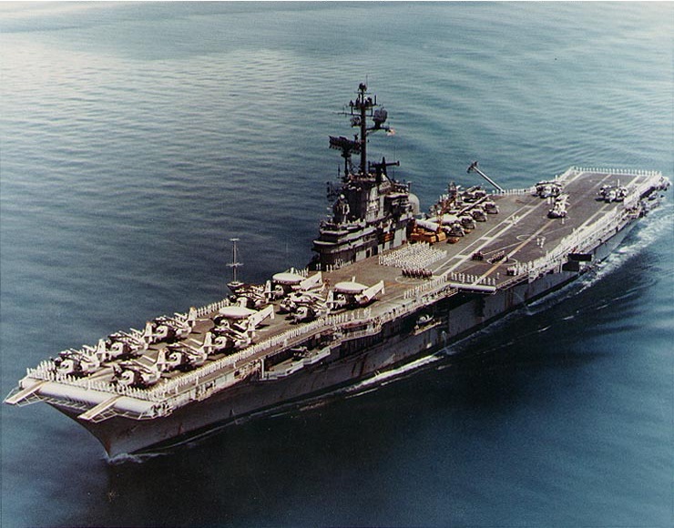 USS Ticonderoga (CVS-14) passing through Sunds Strait on 24 April 1971.