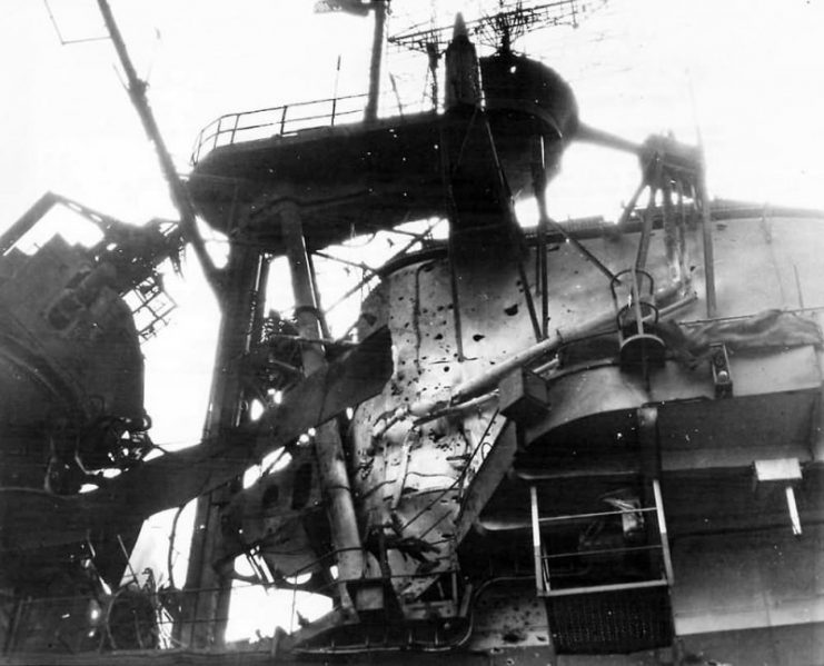 Wreckage on USS Ticonderoga CV-14 after Kamikaze Attack off Formosa 1945
