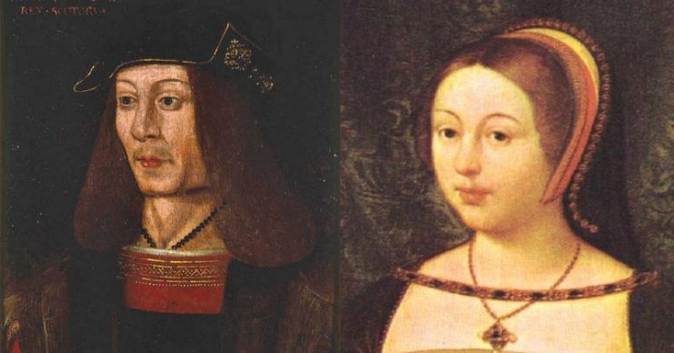 Left:James IV of Scotland. Right:Margaret Tudor, daughter of Henry VII of England, sister of Henry VIII, wife of James IV of Scotland and mother of James V.