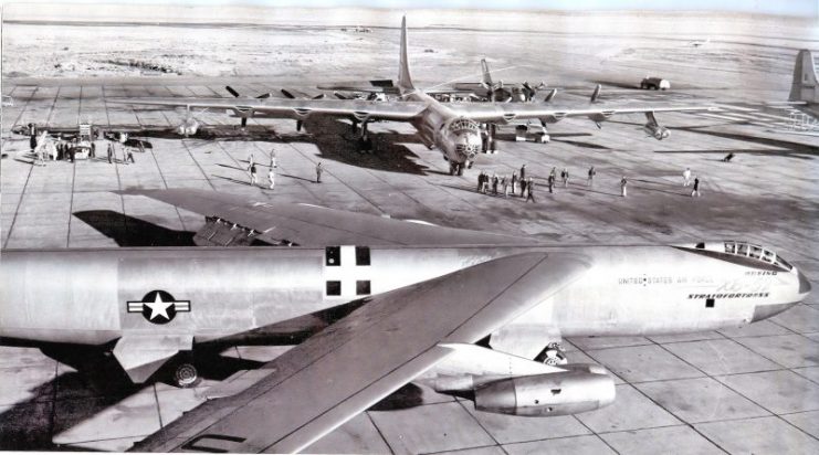 XB-52 prototype bomber at Carswell AFB, 1955 shown with a 7th Bomb wing B-36