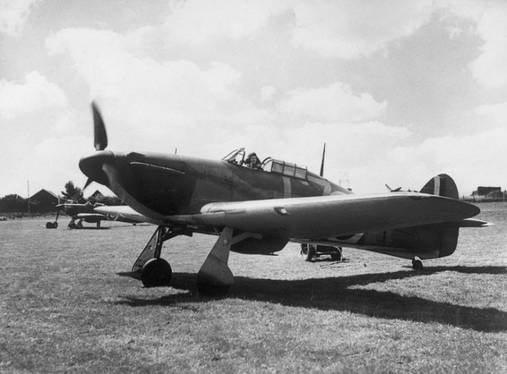 Hawker Hurricane Mk I P3522 of No. 32 Squadron, flown by Pilot Officer Rupert Smythe, taxying at RAF Hawkinge, 29 July 1940