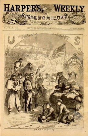 Santa Claus distributes gifts to Union troops in Nast’s first Santa Claus cartoon, (1863)