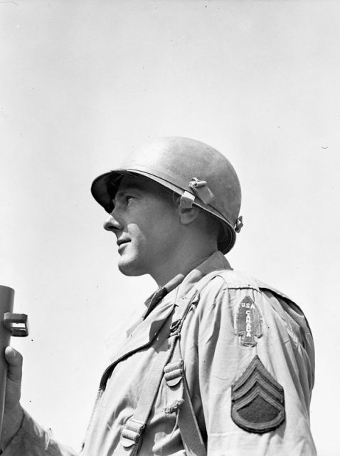 Unidentified sergeant of the First Special Service Force, wearing the distinctive USA-CANADA spearhead shoulder title, Anzio beachhead, Italy.