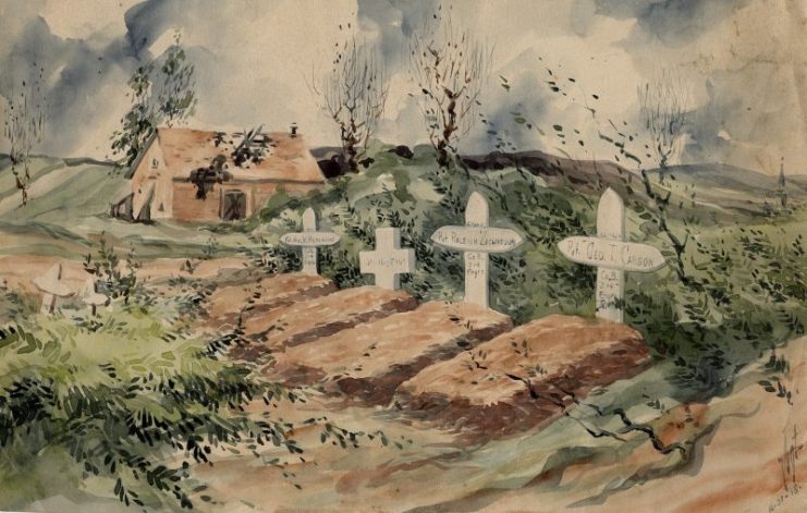 Watercolor of graves of soldiers from Company B, 314th Engineers Regiment by Percy Vogt