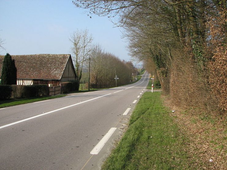 Outskirts of Vimoutiers, in Normandy, in a place called La Gosselinaie, on the road for Sainte-Foy de Montgommery. It’s on this straight section of the road that Marshall Rommel car was machine-gunned by an Allied plane in July 1944.Photo: TCY CC BY-SA 3.0