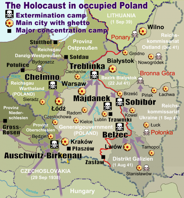 Ponary massacre site on the map of the Holocaust in Poland (top right corner, near Wilno), marked with a white skull