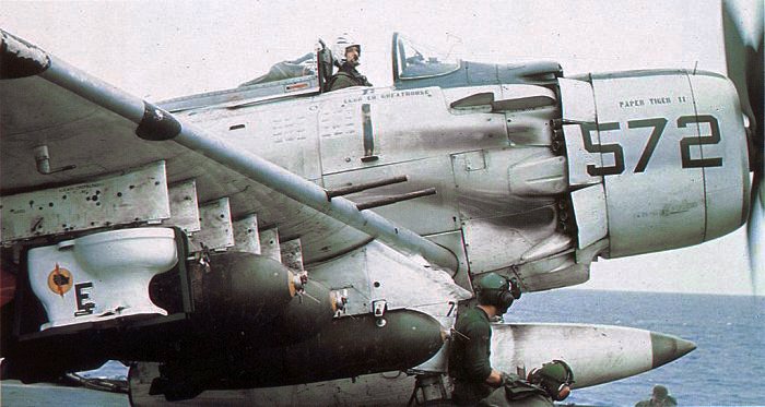 A-1H Skyraider of VA-25 with toilet bomb on USS Midway (CVA-41) in October 1965