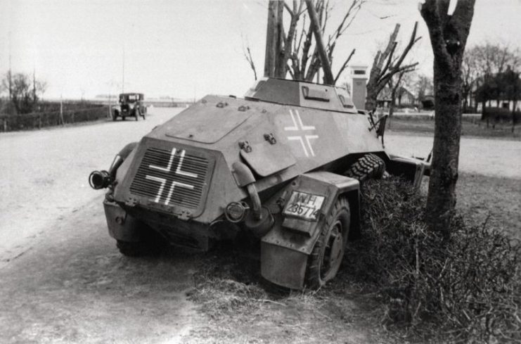 A Leichter Panzerspähwagen Sd. Kfz. 221 lies knocked out in Bredevad on April 9th, 1940