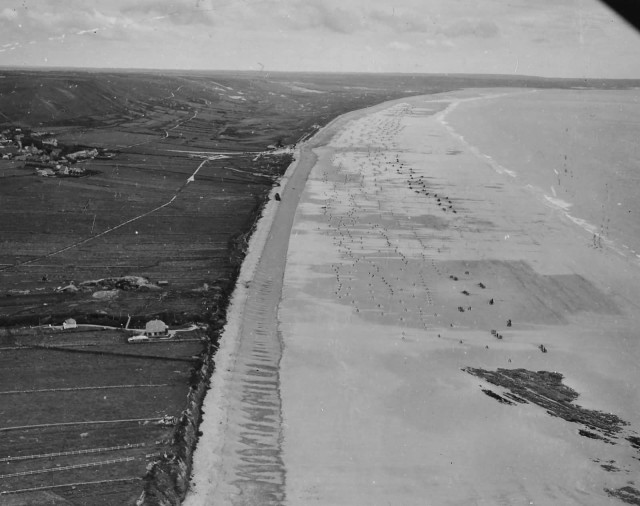 Aerial view of German beach defenses. Normandy, summer, 1944.