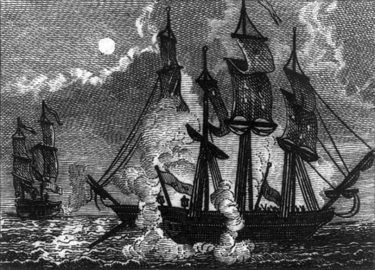 Battle between USS Bonhomme Richard and HMS Serapis, September 23, 1779 (Battle of Flamborough Head).