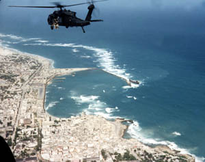 CW3 Michael Durant’s helicopter Super Six-Four above Mogadishu on 3 October 1993.