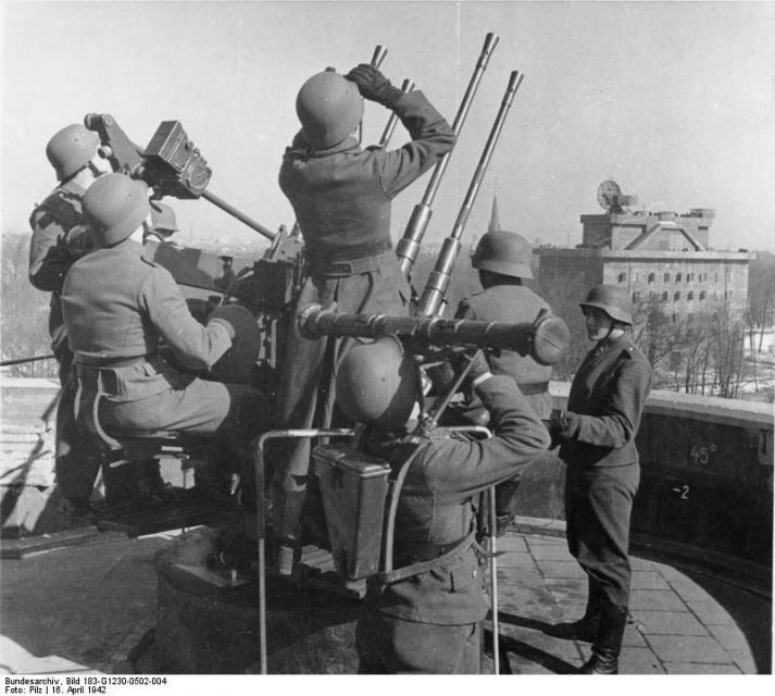 German soldiers on quad-mounted 2-cm-Flak, 16 April 1942 Photo by Bundesarchiv, Bild 183-G1230-0502-004 / Pilz / CC-BY-SA 3.0