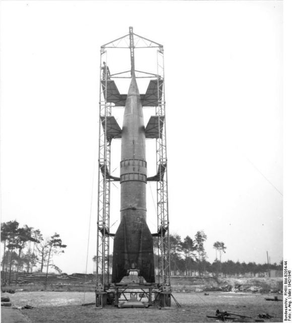 Peenemünde, rocket ramp with V2. By Bundesarchiv – CC BY-SA 3.0 de