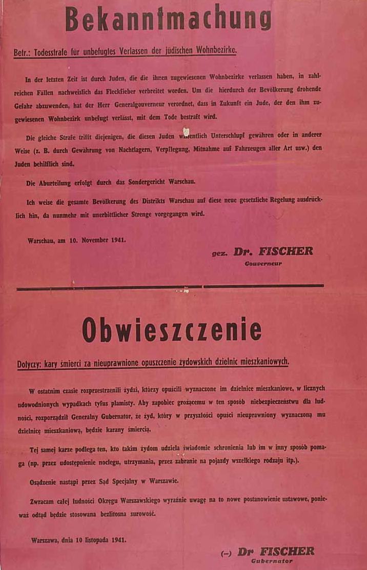 Announcement of death penalty for Jews found outside the ghetto and for Poles helping Jews in any way, 1941.