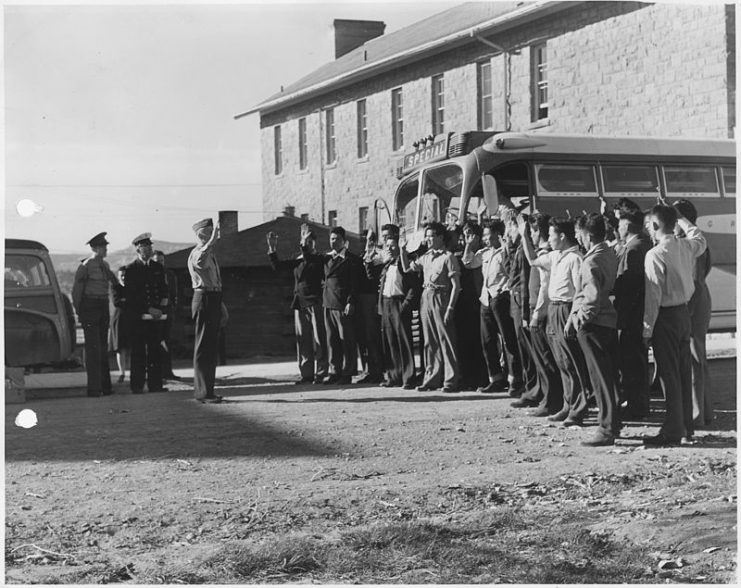 The first 29 Navajo U.S. Marine Corps code-talker recruits being sworn in at Fort Wingate.