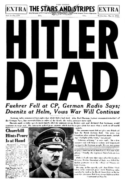 Front page of the U.S. Armed Forces newspaper, Stars and Stripes, May 2, 1945.