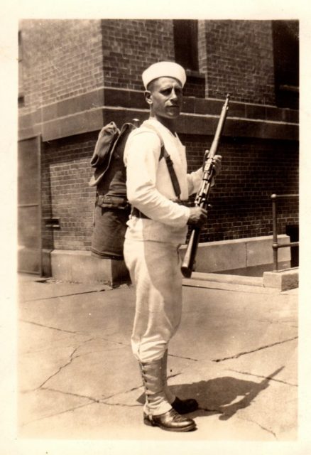 Hoechst is pictured while in basic training in the summer of 1936 at the recently re-opened Great Lakes Naval Training Station. Courtesy of Judy Thompson.