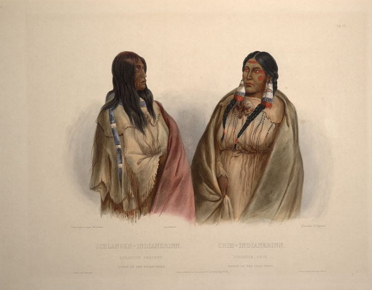 Illustration of a Snake woman (left) and a Nehiyaw woman (right), c. 1840–1843, Karl Bodmer